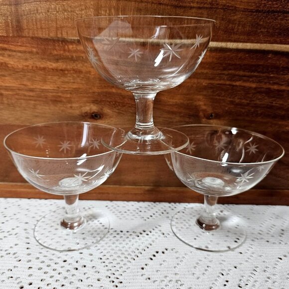 4 MCM Star Dust Low Champagne Glasses 3" by Quartzex Crystal 1950 Atomic dessert - Picture 7 of 8